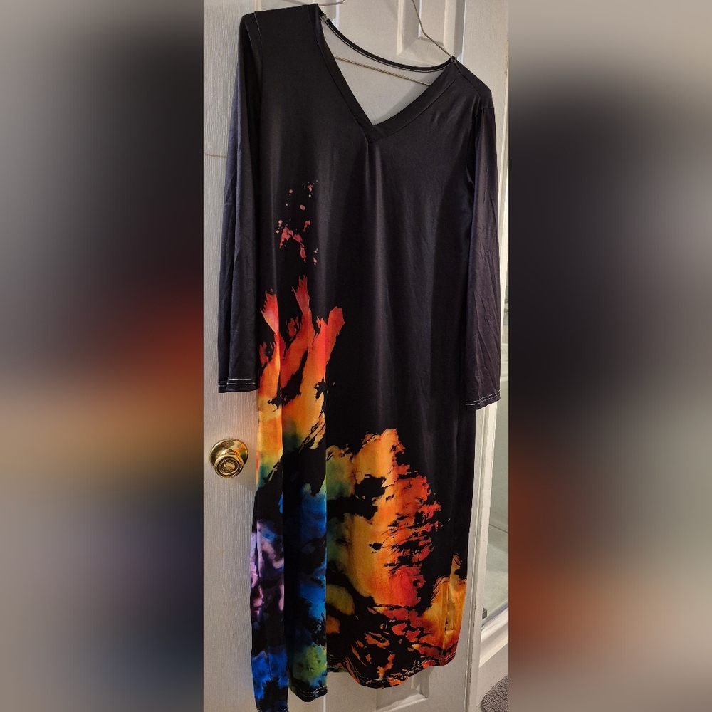 Dynamic Black and Red Long Sleeve Dress with Artistic Design